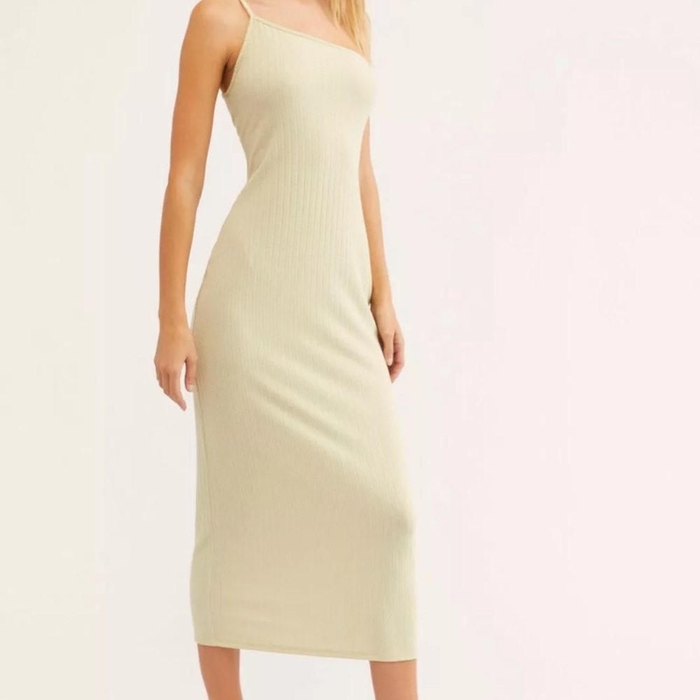 NEW Free People Sand Lunar Ribbed midi Dress One Shoulder One Strap Yellow Large